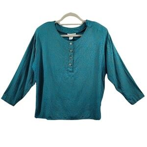 STUDIO C Blouse Top Woman Large Teal Paisley Print 3/4 Sleeve Button Neck VTG